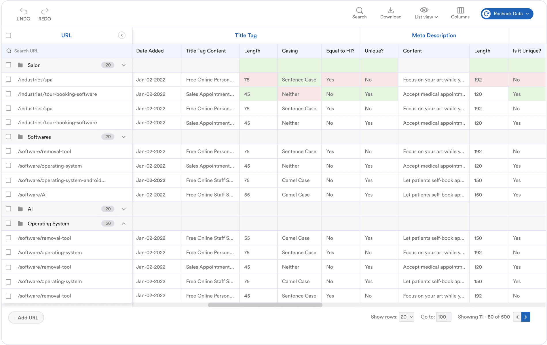 Individual URL testing results in WebQA