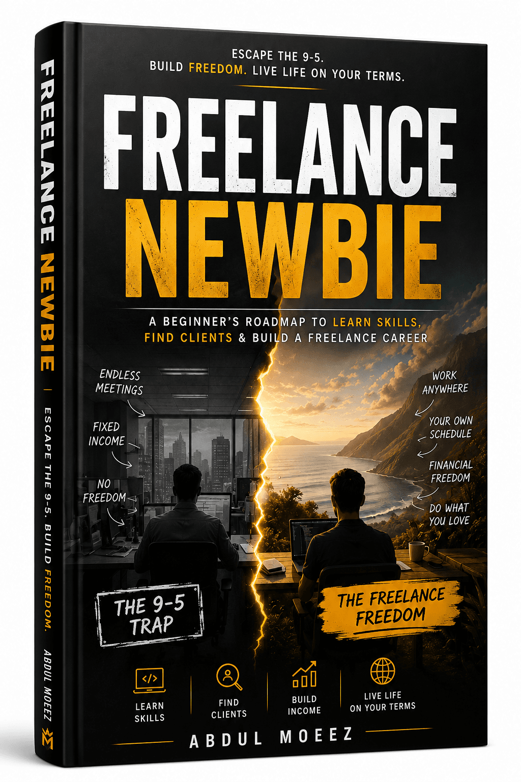 Three-dimensional render of the Freelance Newbie book showing the front cover and spine