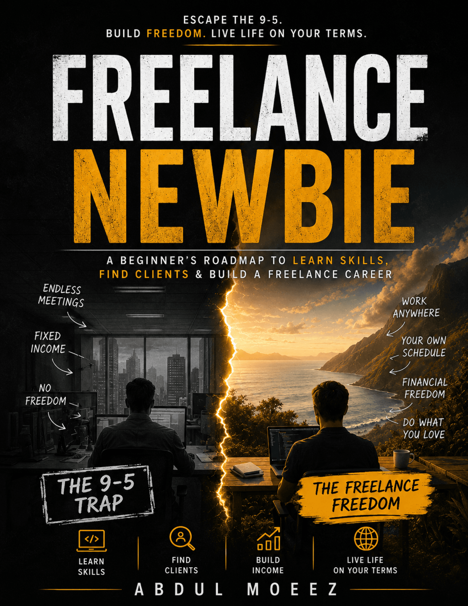 Freelance Newbie book cover by Abdul Moeez, split between a grey office desk and a sunlit coastal workspace